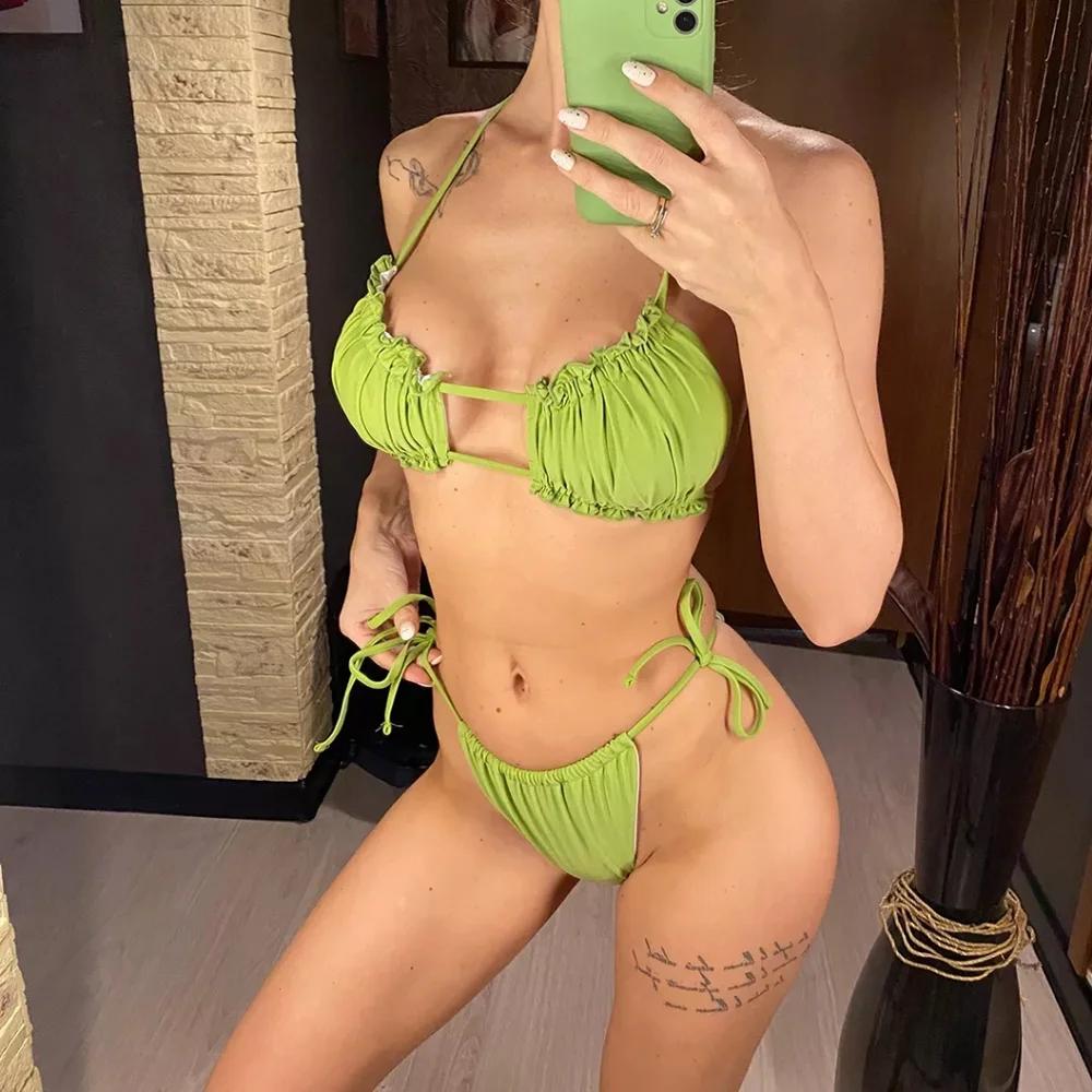 Olive Green Ruched Top and Brazilian Bottom Bikini Set - Picture 4 of 8